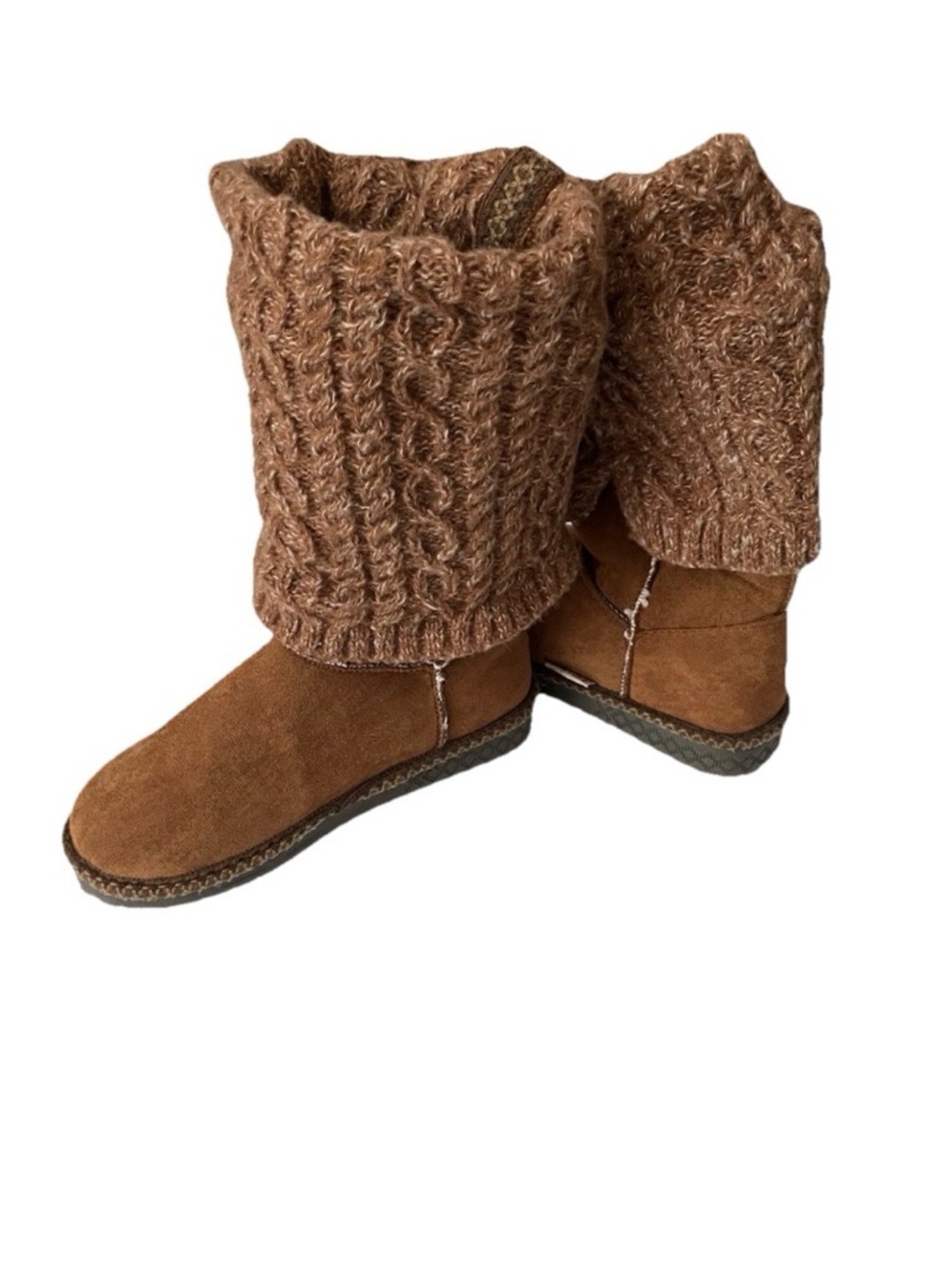 MUK LUKS Women's Jackie Boot Brown Cable Knit Cuff Winter Faux Fur Warm Size 7